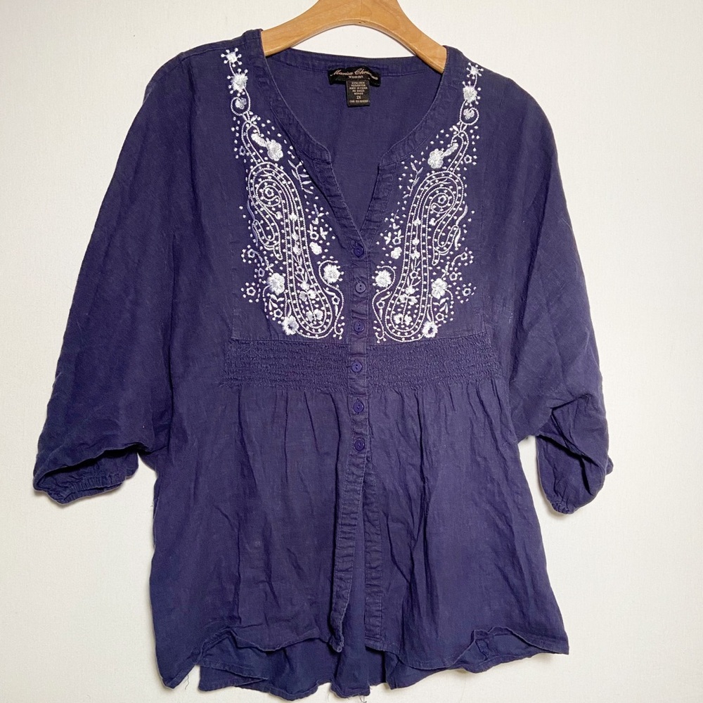 Marisa Christina Linen Blend Embroidered Top Womens Size 2X Blue White‎ Boho